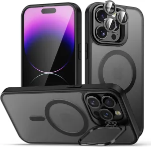 for iPhone 14 Pro Case, Compatible with MagSafe, Built-in Camera Ring Stand, with Individual Camera Cover, Translucent Matte Military-Grade Drop Protection Magnetic Case, Black