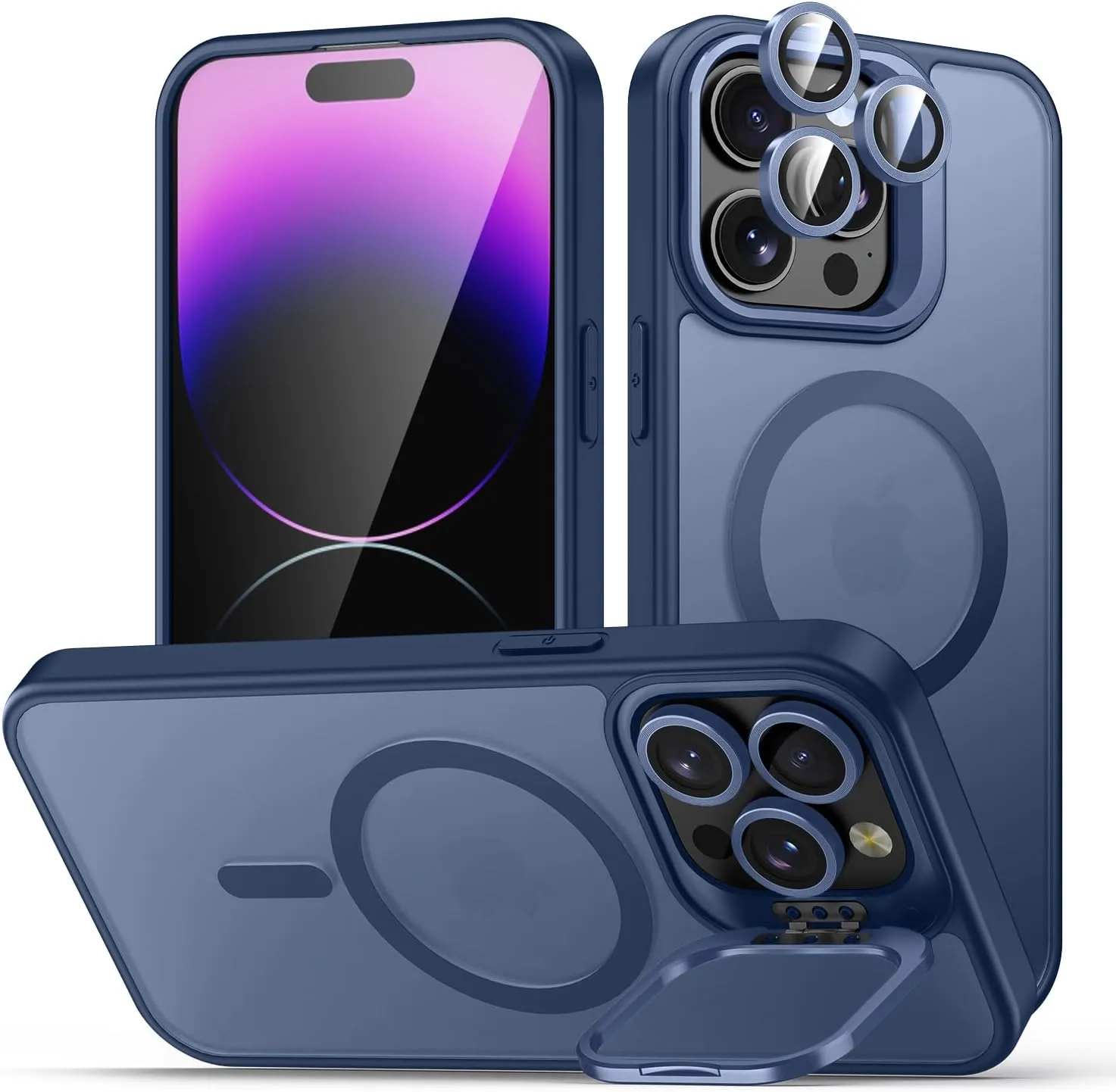 for iPhone 14 Pro Case, Compatible with MagSafe, Built-in Camera Ring Stand, with Individual Camera Cover, Translucent Matte Military-Grade Drop Protection Magnetic Case, Blue