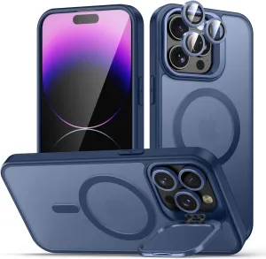 for iPhone 14 Pro Case, Compatible with MagSafe, Built-in Camera Ring Stand, with Individual Camera Cover, Translucent Matte Military-Grade Drop Protection Magnetic Case, Blue