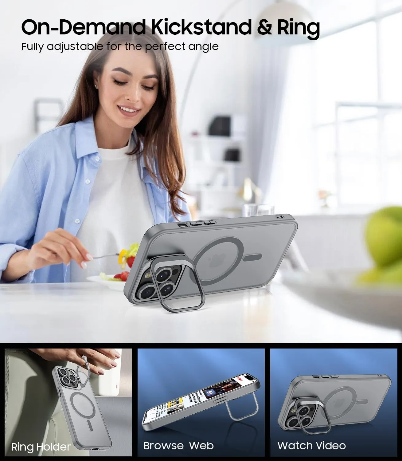 for iPhone 14 Pro Case, Compatible with MagSafe, Built-in Camera Ring Stand, with Individual Camera Cover, Translucent Matte Military-Grade Drop Protection Magnetic Case, Gray