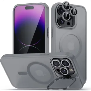 for iPhone 14 Pro Case, Compatible with MagSafe, Built-in Camera Ring Stand, with Individual Camera Cover, Translucent Matte Military-Grade Drop Protection Magnetic Case, Gray