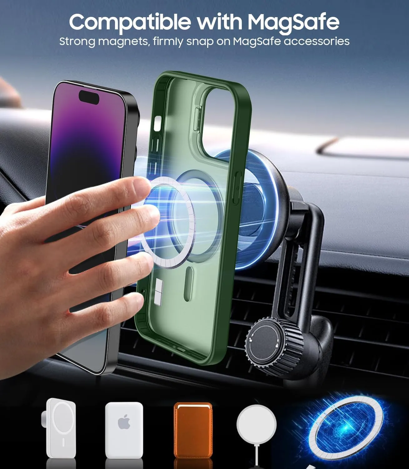 for iPhone 14 Pro Case, Compatible with MagSafe, Built-in Camera Ring Stand, with Individual Camera Cover, Translucent Matte Military-Grade Drop Protection Magnetic Case, Green