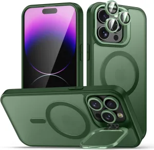 for iPhone 14 Pro Case, Compatible with MagSafe, Built-in Camera Ring Stand, with Individual Camera Cover, Translucent Matte Military-Grade Drop Protection Magnetic Case, Green