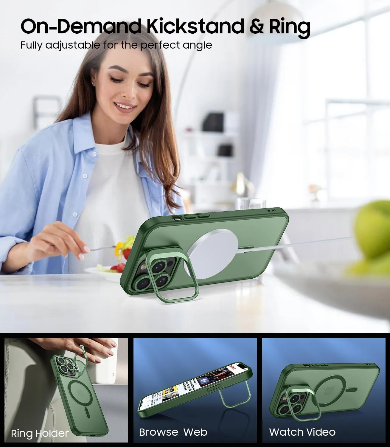 for iPhone 14 Pro Case, Compatible with MagSafe, Built-in Camera Ring Stand, with Individual Camera Cover, Translucent Matte Military-Grade Drop Protection Magnetic Case, Green