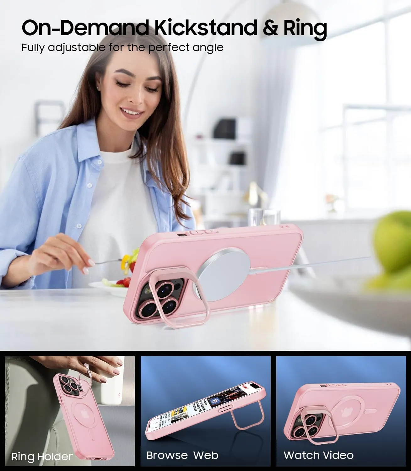 for iPhone 14 Pro Case, Compatible with MagSafe, Built-in Camera Ring Stand, with Individual Camera Cover, Translucent Matte Military-Grade Drop Protection Magnetic Case, Pink