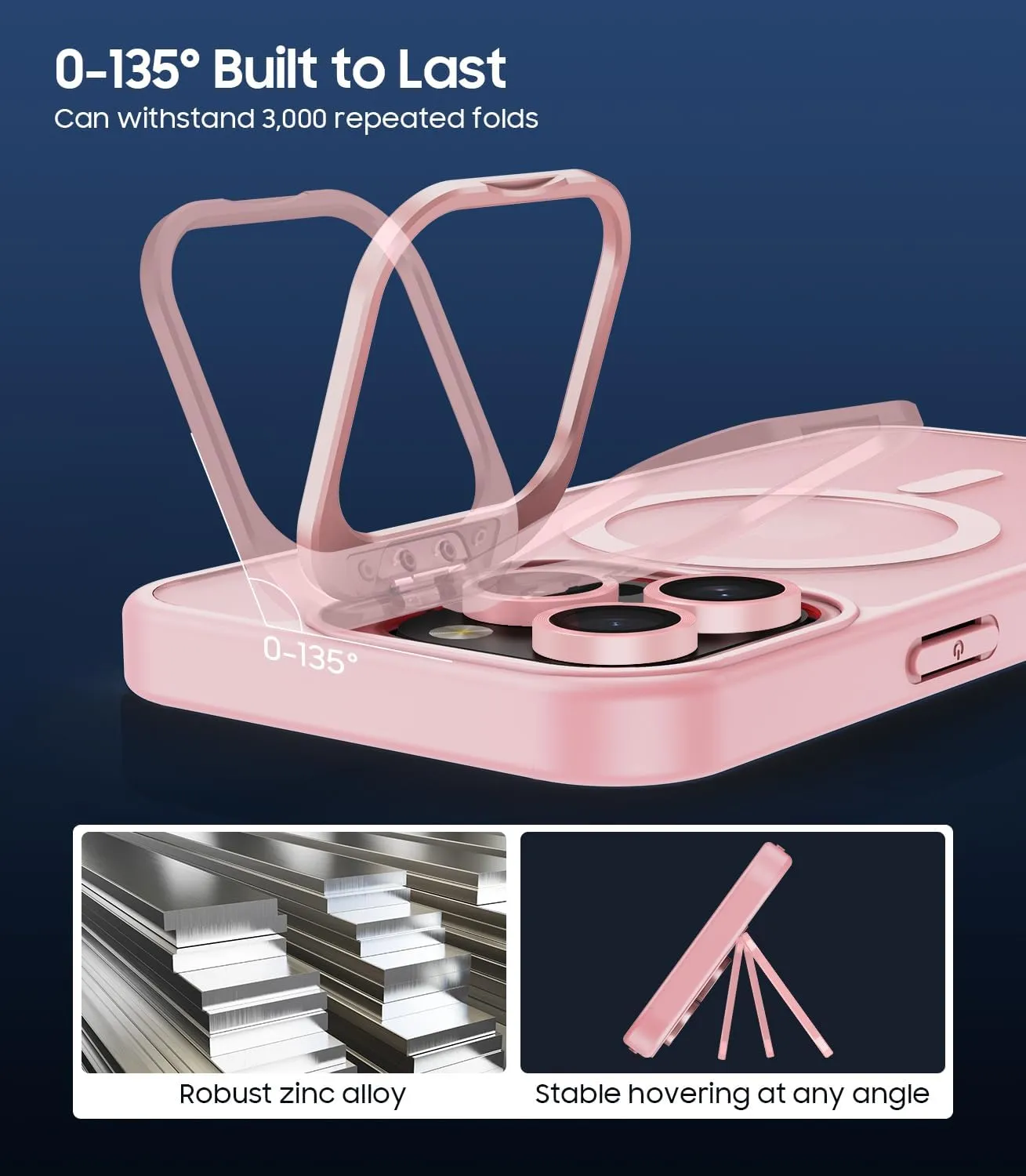 for iPhone 14 Pro Case, Compatible with MagSafe, Built-in Camera Ring Stand, with Individual Camera Cover, Translucent Matte Military-Grade Drop Protection Magnetic Case, Pink