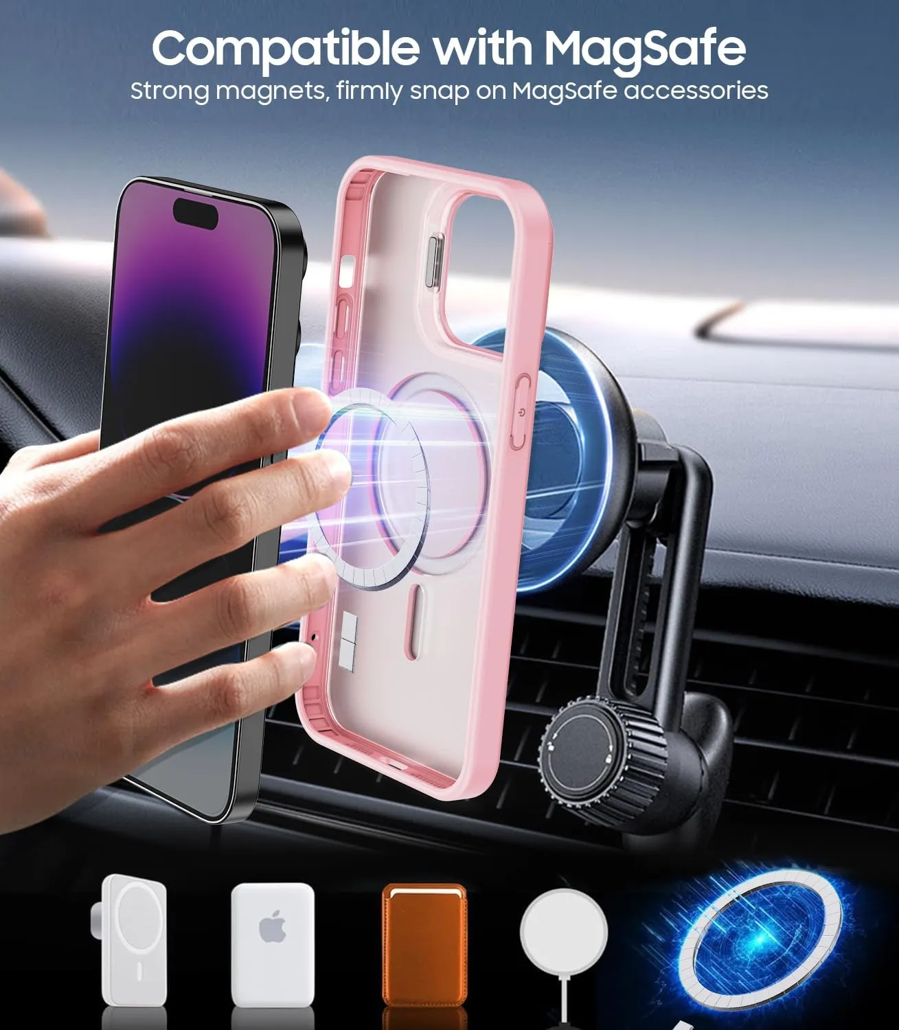 for iPhone 14 Pro Case, Compatible with MagSafe, Built-in Camera Ring Stand, with Individual Camera Cover, Translucent Matte Military-Grade Drop Protection Magnetic Case, Pink