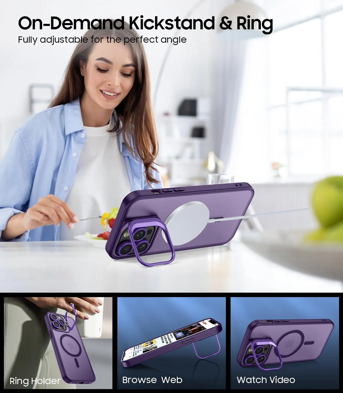 for iPhone 14 Pro Case, Compatible with MagSafe, Built-in Camera Ring Stand, with Individual Camera Cover, Translucent Matte Military-Grade Drop Protection Magnetic Case, Purple
