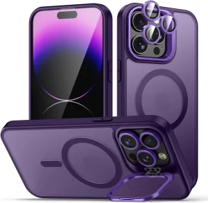 for iPhone 14 Pro Case, Compatible with MagSafe, Built-in Camera Ring Stand, with Individual Camera Cover, Translucent Matte Military-Grade Drop Protection Magnetic Case, Purple