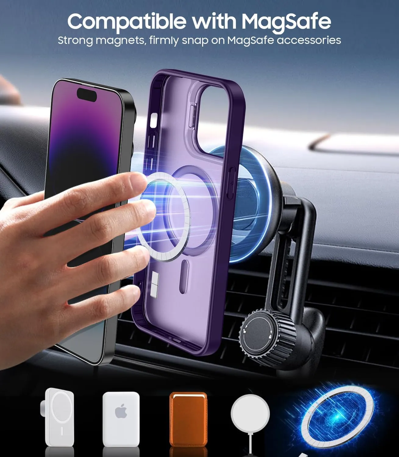 for iPhone 14 Pro Case, Compatible with MagSafe, Built-in Camera Ring Stand, with Individual Camera Cover, Translucent Matte Military-Grade Drop Protection Magnetic Case, Purple