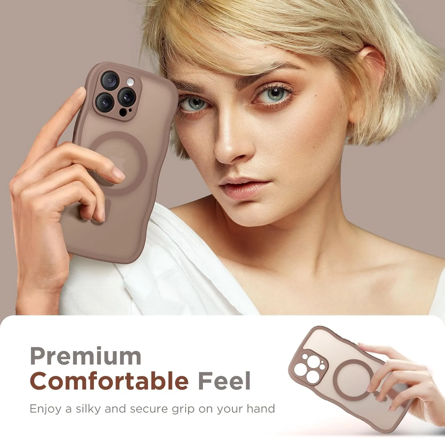 for iPhone 16 Pro Max Case for Women Girls, Upgraded [Full Camera Protection] [Compatible with MagSafe] Cute Wave Translucent Matte Phone Case for iPhone 16 Pro Max, Brown
