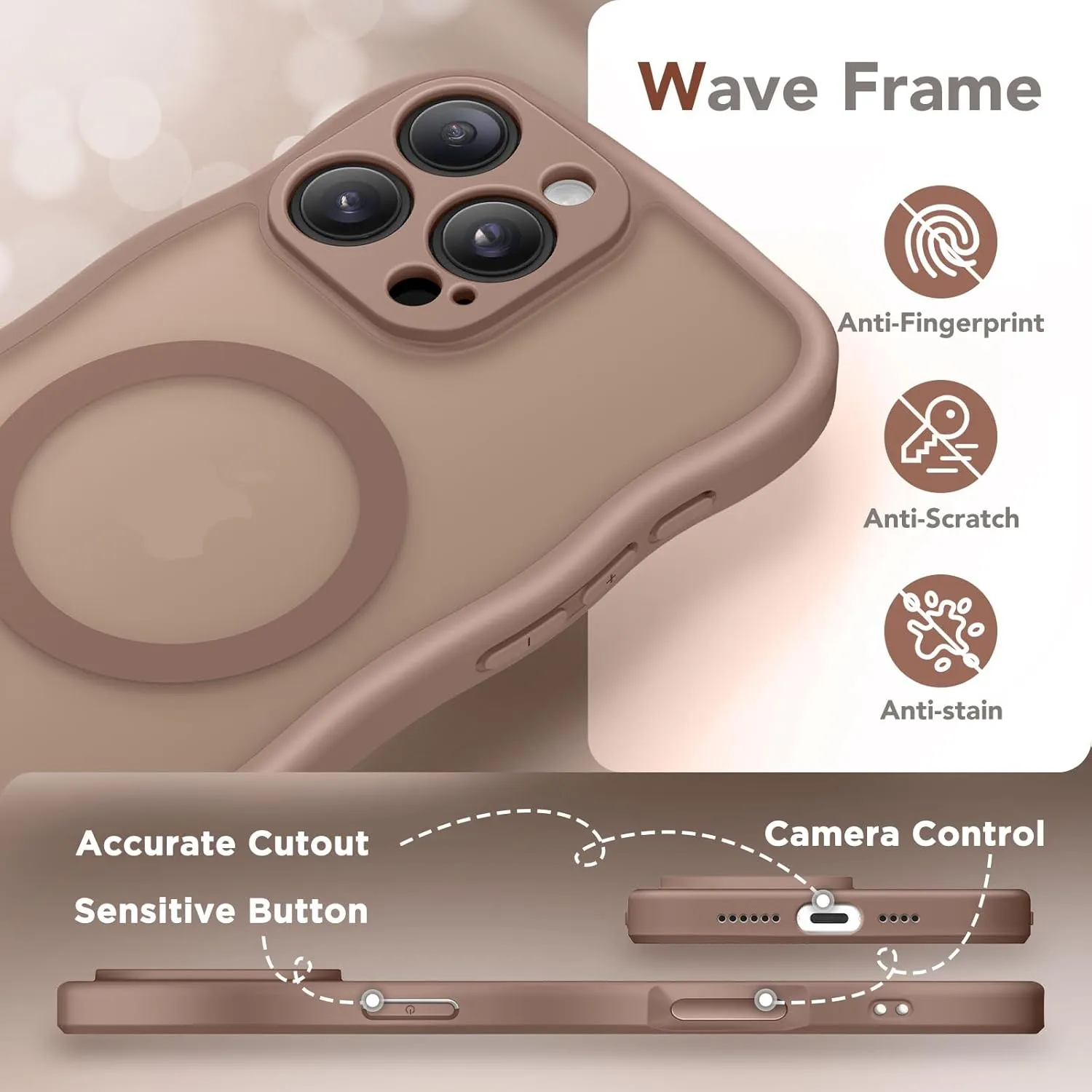 for iPhone 16 Pro Max Case for Women Girls, Upgraded [Full Camera Protection] [Compatible with MagSafe] Cute Wave Translucent Matte Phone Case for iPhone 16 Pro Max, Brown