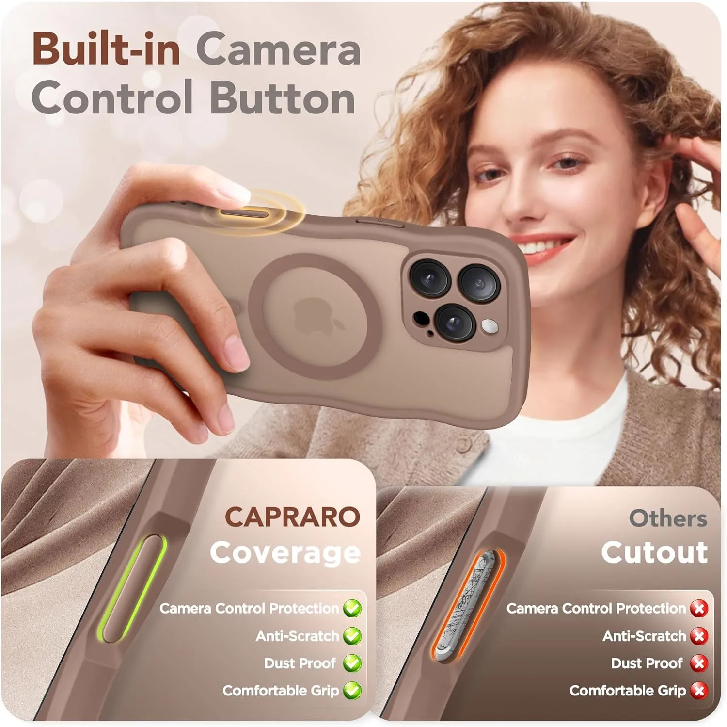 for iPhone 16 Pro Max Case for Women Girls, Upgraded [Full Camera Protection] [Compatible with MagSafe] Cute Wave Translucent Matte Phone Case for iPhone 16 Pro Max, Brown