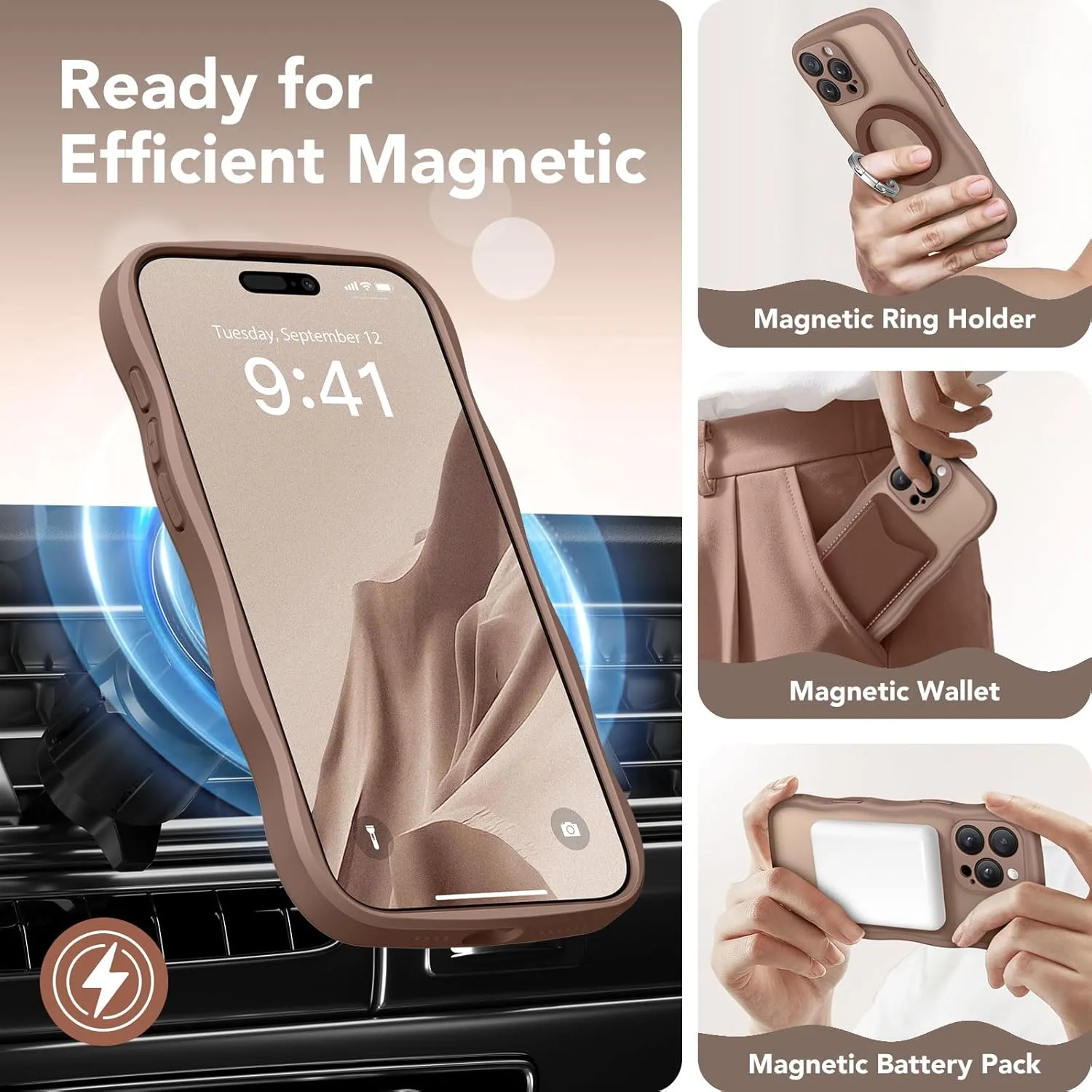 for iPhone 16 Pro Max Case for Women Girls, Upgraded [Full Camera Protection] [Compatible with MagSafe] Cute Wave Translucent Matte Phone Case for iPhone 16 Pro Max, Brown