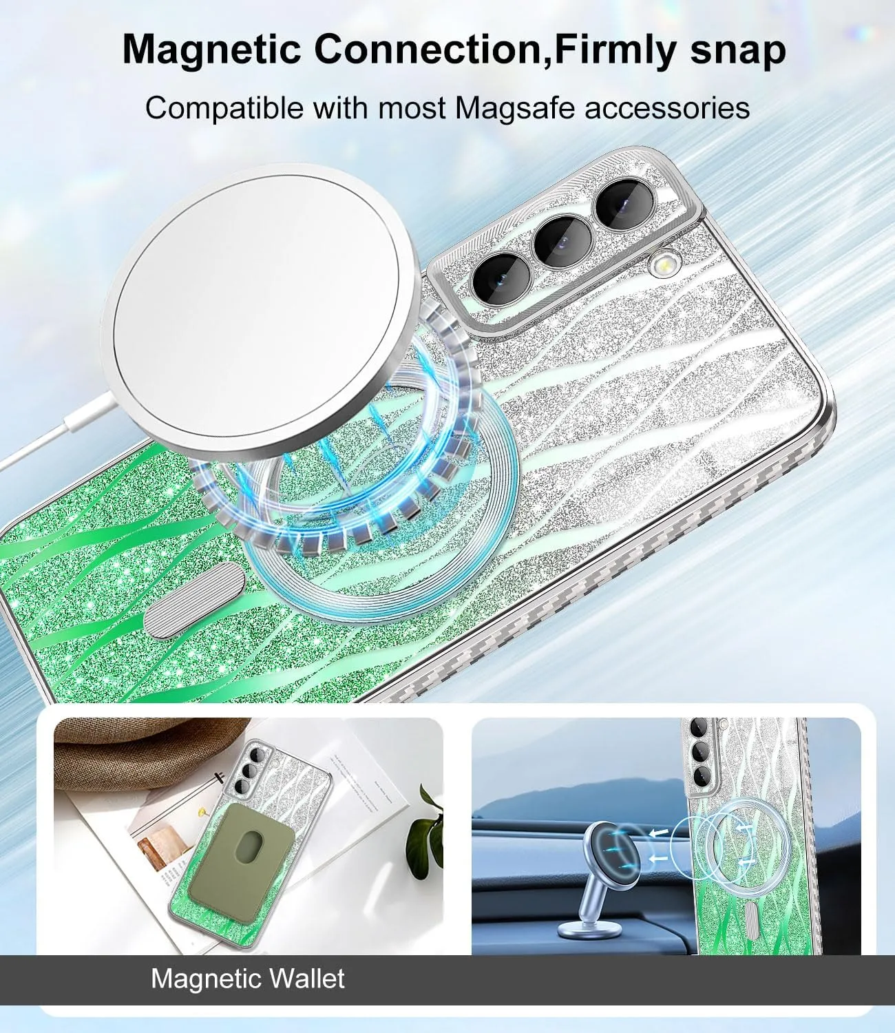 for Samsung Galaxy S21 Plus Case,Compatible with Magsafe Luxury Glitter Plating Love Heart with Camera Lens Cover Clear Soft TPU Shockproof Magnetic Phone Case for Women Girls, Green