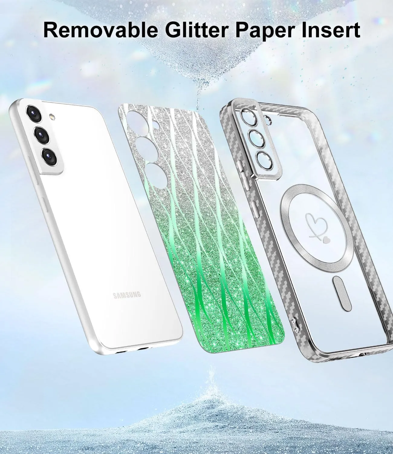 for Samsung Galaxy S21 Plus Case,Compatible with Magsafe Luxury Glitter Plating Love Heart with Camera Lens Cover Clear Soft TPU Shockproof Magnetic Phone Case for Women Girls, Green