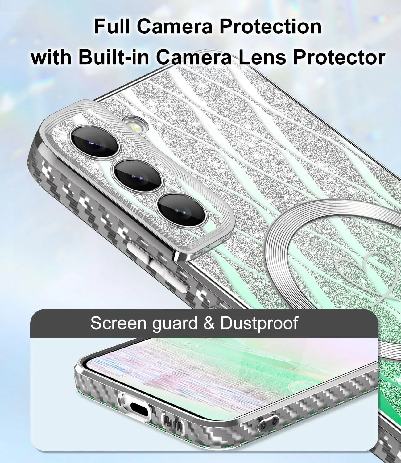 for Samsung Galaxy S21 Plus Case,Compatible with Magsafe Luxury Glitter Plating Love Heart with Camera Lens Cover Clear Soft TPU Shockproof Magnetic Phone Case for Women Girls, Green