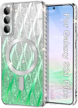 for Samsung Galaxy S21 Plus Case,Compatible with Magsafe Luxury Glitter Plating Love Heart with Camera Lens Cover Clear Soft TPU Shockproof Magnetic Phone Case for Women Girls, Green