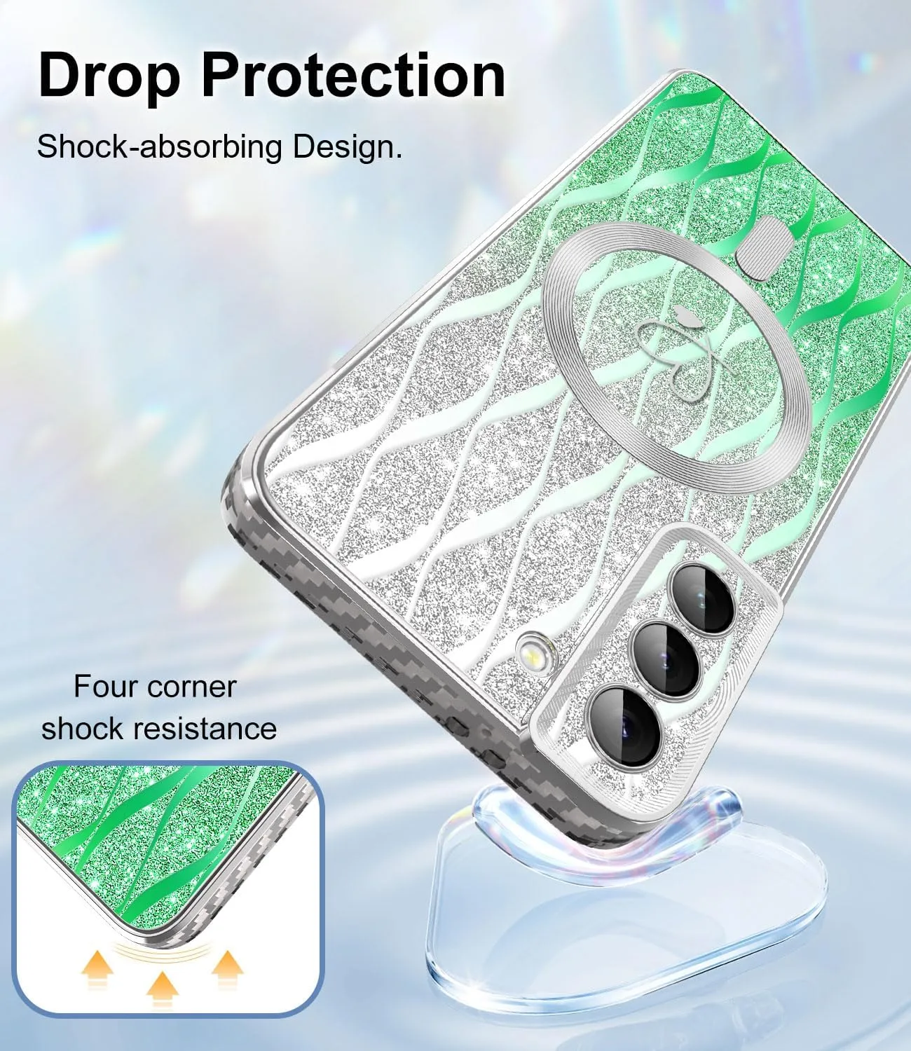 for Samsung Galaxy S21 Plus Case,Compatible with Magsafe Luxury Glitter Plating Love Heart with Camera Lens Cover Clear Soft TPU Shockproof Magnetic Phone Case for Women Girls, Green
