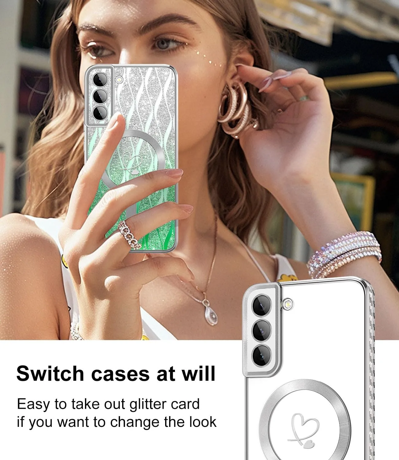 for Samsung Galaxy S21 Plus Case,Compatible with Magsafe Luxury Glitter Plating Love Heart with Camera Lens Cover Clear Soft TPU Shockproof Magnetic Phone Case for Women Girls, Green