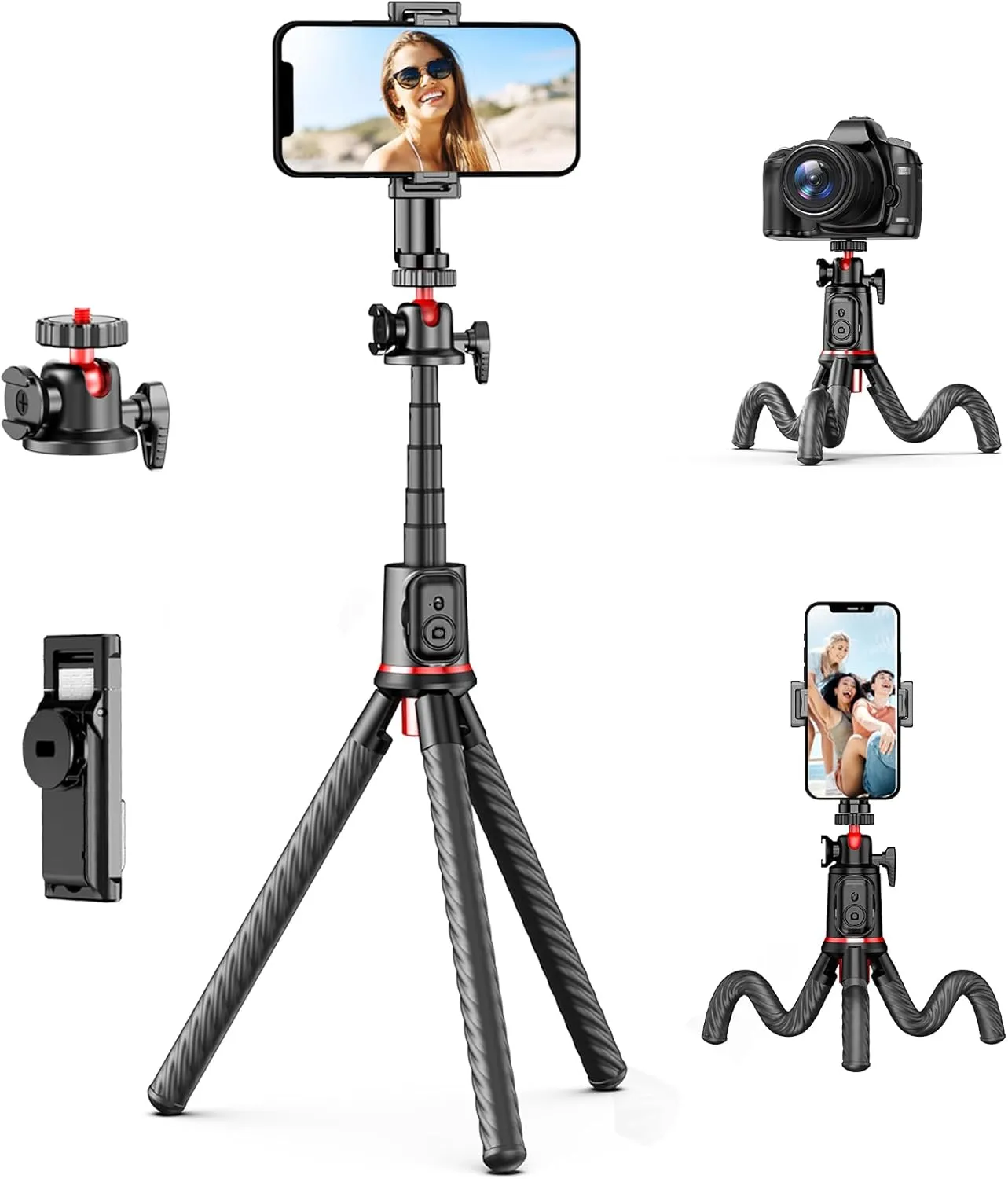 Fotopro Flexible Phone Tripod, Mini Camera Tripod with Wireless Remote Phone Holder, 360 Rotation Extendable Phone Tripod Stand for Video Recording Vlogging Live Streaming