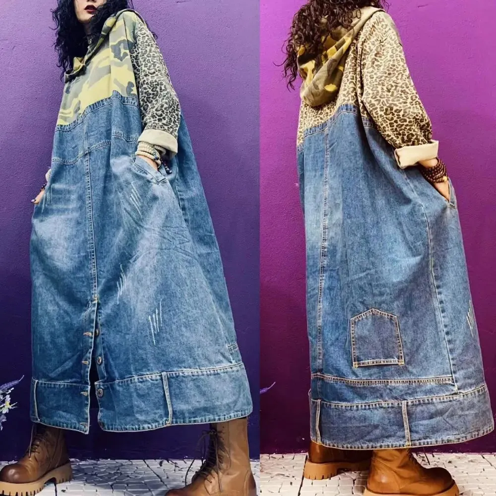 Getadme Camouflage Patchwork Denim Dress  Hooded cowboy Dress Women Maxi Baggy Jean Dress Boyfriend Long Sleeves Loose Dresses