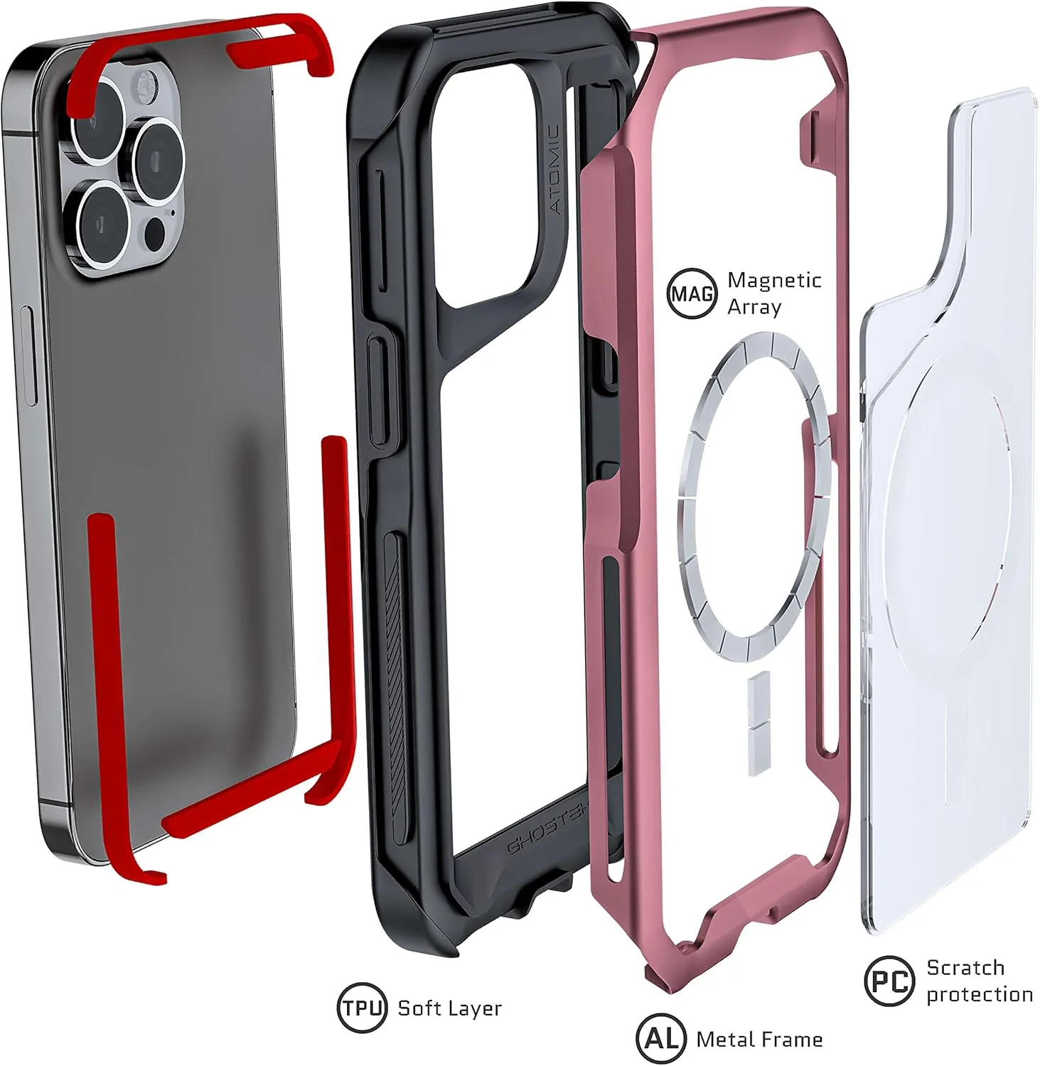 Ghostek Atomic Slim iPhone 13 Case for Women with MagSafe and Pink Aluminum Bumper Cute Girly Premium Phone Covers Wireless Charging Compatible Designed for 2021 Apple iPhone 13 (6.1 inch) (Pink)