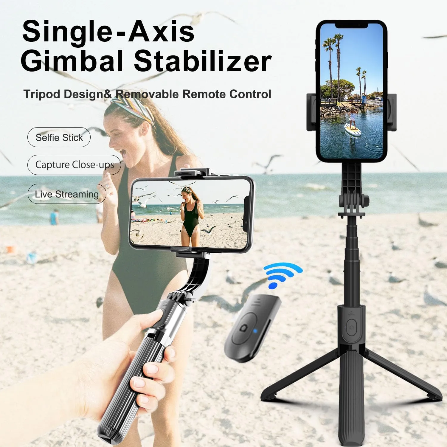 Gimbal Stabilizer for Smartphone,Selfie Stick Tripod with Remote Control Auto Balance 360 Rotation 1-Axis Phone Gimbal for Group Selfies Live Streaming Video Recording