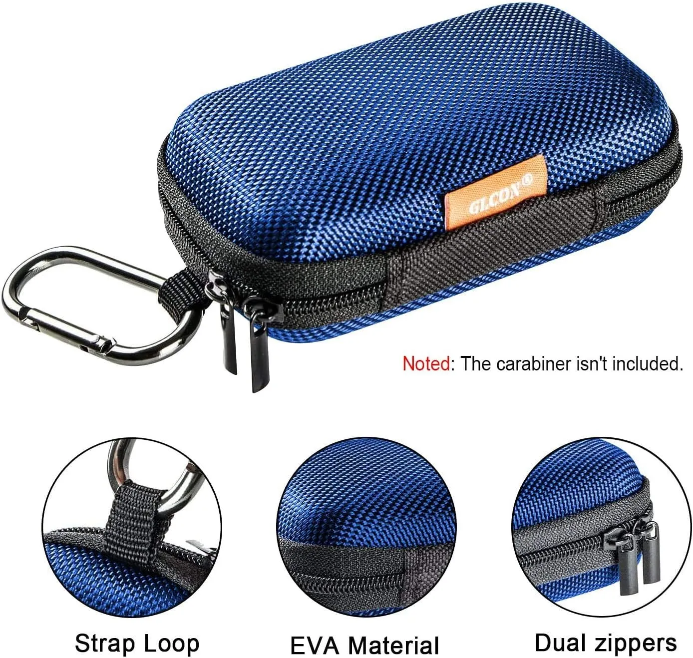 GLCON Earbud Carrying Case - Rectangle Shape Small Hard EVA Case, Mesh Inner Pocket, Durable Exterior - Lightweight Portable Universal Zipper Storage Bag for Wired Bluetooth Headset, Charger - Blue