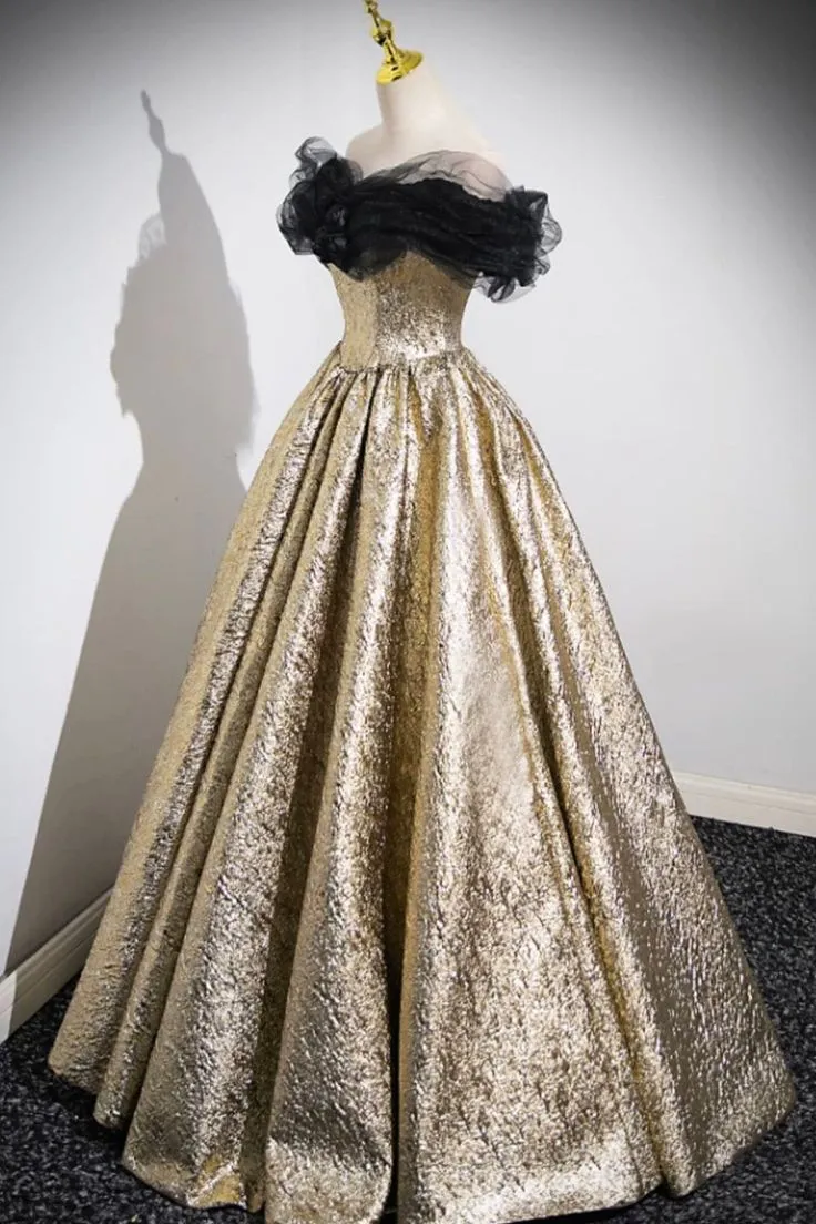 Glitter Gold Prom Dress Ball Gown Off the Shoulder Evening Dress SH1326