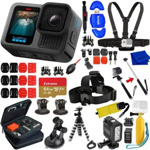 GoPro Hero 13 Action Camera Mega Bundle   64GB Memory Card, Chest Mount, Head Mount, Selfie Stick, LED Light, Carry Case & Much More