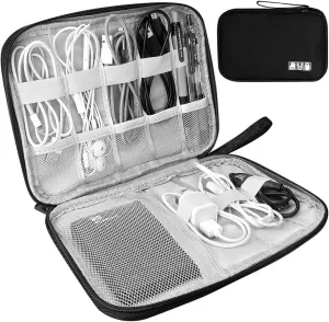 HCFGS Tech Travel Case - Charger Organizer for Phone, Hard Drive, USB Cables - Black