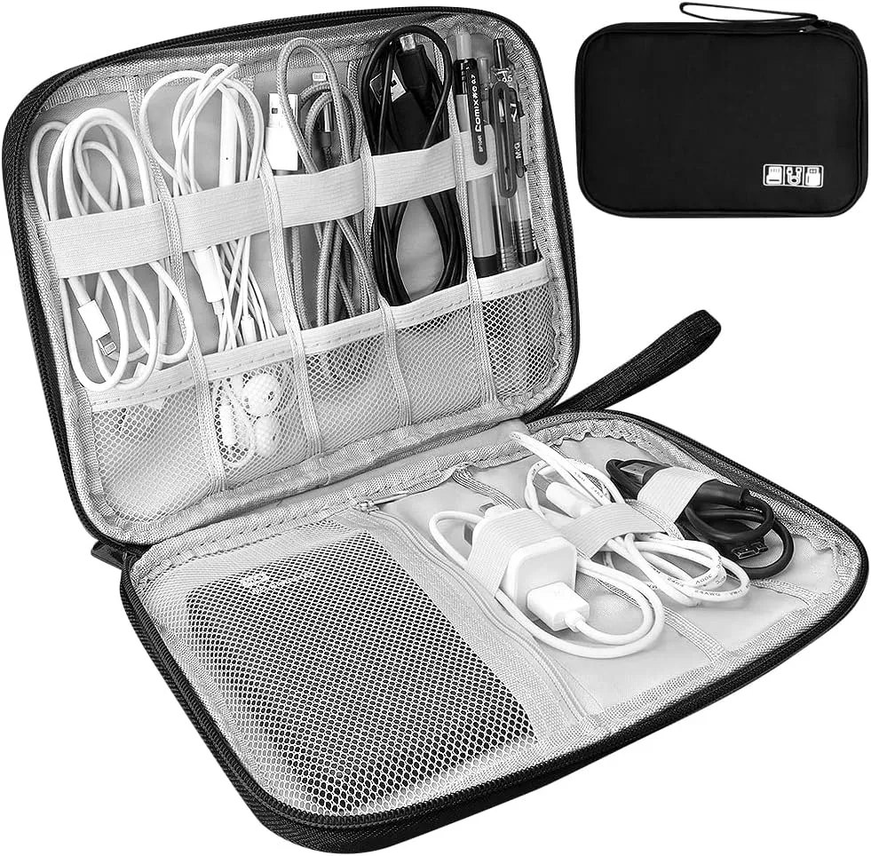 HCFGS Tech Travel Case - Charger Organizer for Phone, Hard Drive, USB Cables - Black