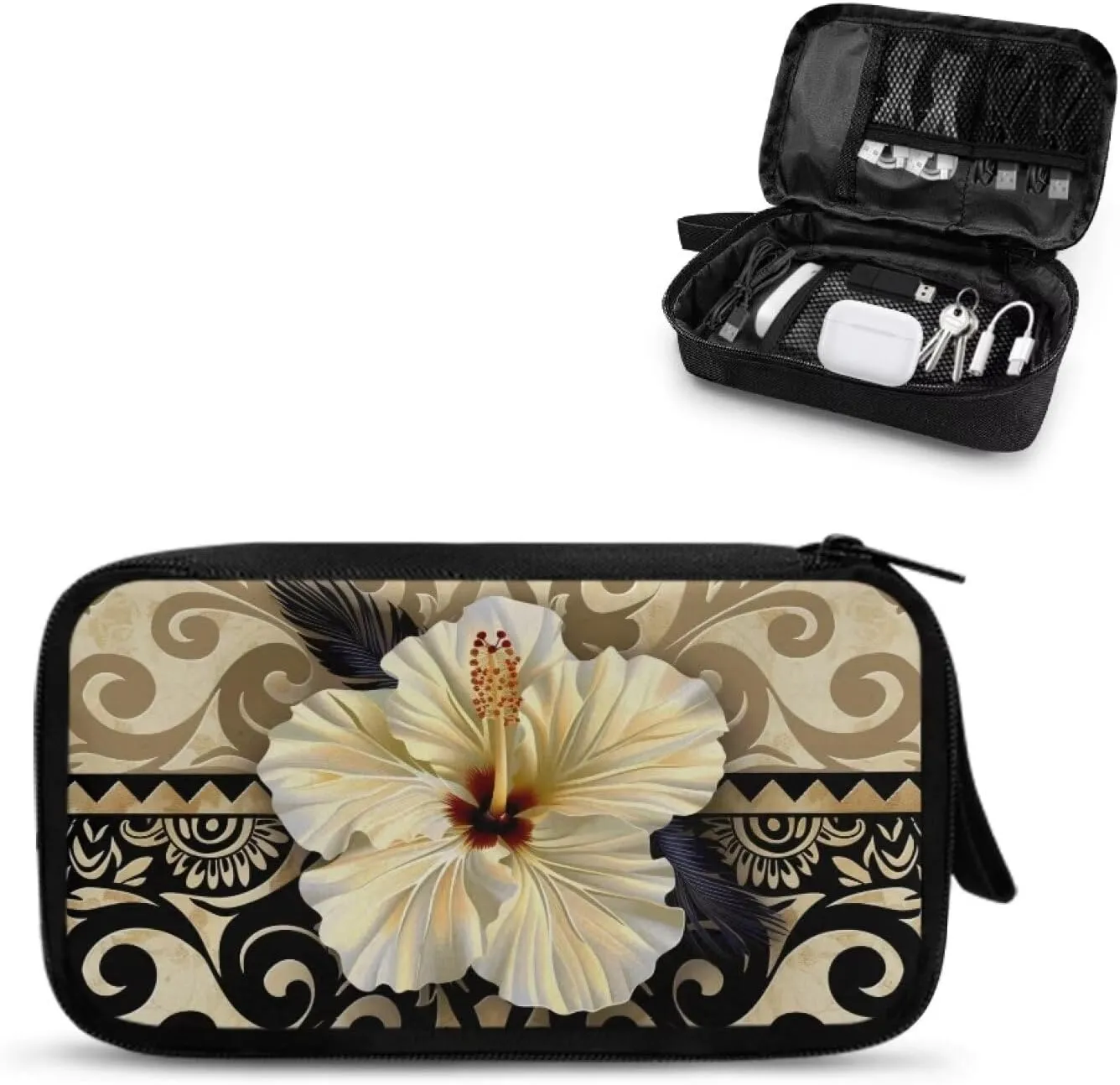 Hibiscus Printed Electronics Organizer Travel Case, Polynesia Style Travel Cord Organizer Bag Washable Travel Cord Charger Organizer Case with Hand Strap, Electronic Accessories