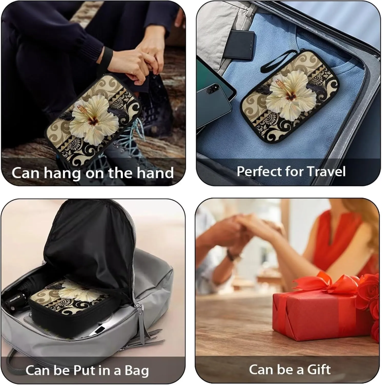 Hibiscus Printed Electronics Organizer Travel Case, Polynesia Style Travel Cord Organizer Bag Washable Travel Cord Charger Organizer Case with Hand Strap, Electronic Accessories