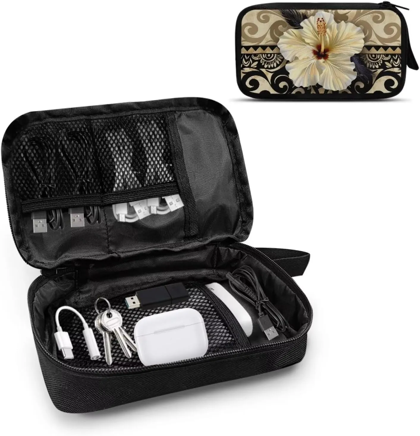 Hibiscus Printed Electronics Organizer Travel Case, Polynesia Style Travel Cord Organizer Bag Washable Travel Cord Charger Organizer Case with Hand Strap, Electronic Accessories