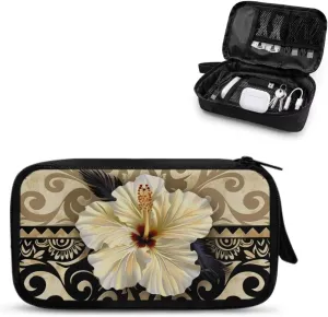 Hibiscus Printed Electronics Organizer Travel Case, Polynesia Style Travel Cord Organizer Bag Washable Travel Cord Charger Organizer Case with Hand Strap, Electronic Accessories