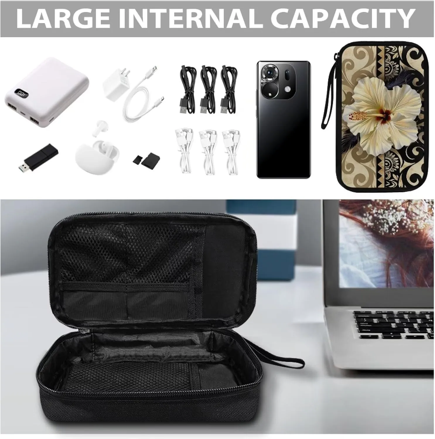 Hibiscus Printed Electronics Organizer Travel Case, Polynesia Style Travel Cord Organizer Bag Washable Travel Cord Charger Organizer Case with Hand Strap, Electronic Accessories