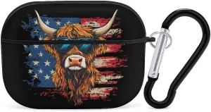 Highland Cow Wearing Glasses U.S. Flag Earphone Shell Compatible with AirPod Pro Cover Scratch & Drop Hard Protector Case with Keychain Black-Style