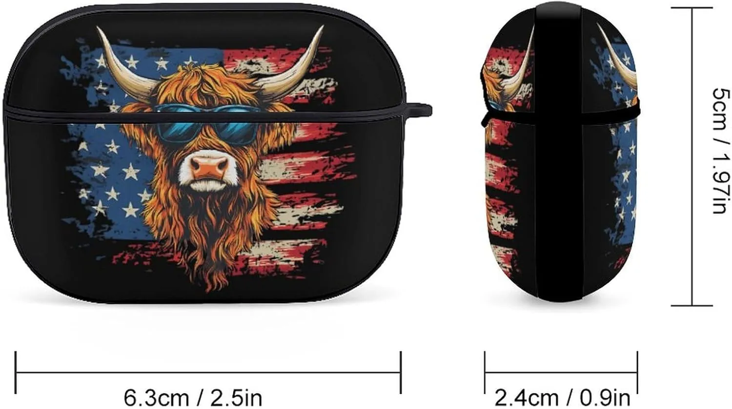Highland Cow Wearing Glasses U.S. Flag Earphone Shell Compatible with AirPod Pro Cover Scratch & Drop Hard Protector Case with Keychain Black-Style