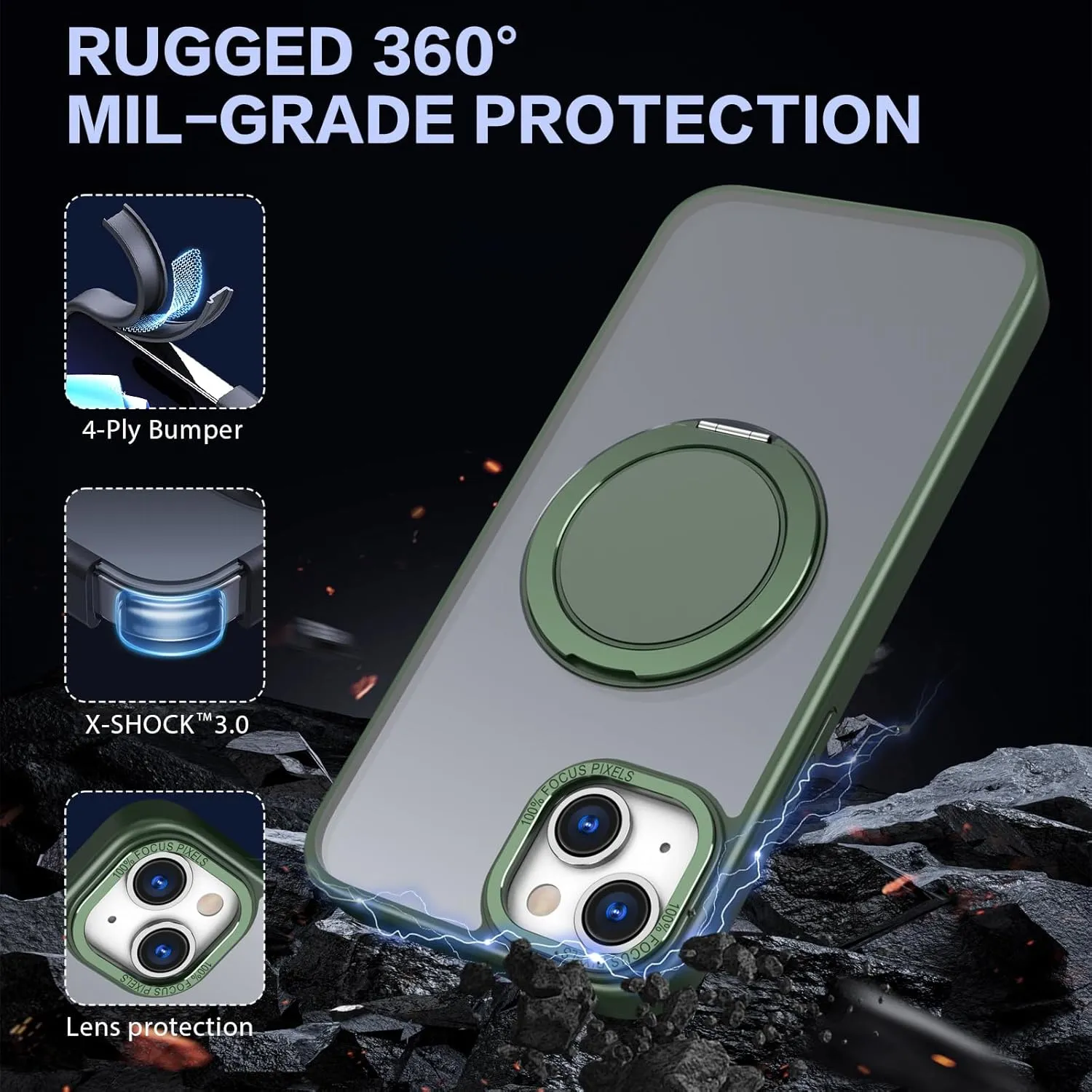 IYH 360 Rotatable Stand for iPhone 15 Phone Case [Compatible with Magsafe], Magnetic Ring Military Grade Shockproof Translucent Back,Matte(Green)