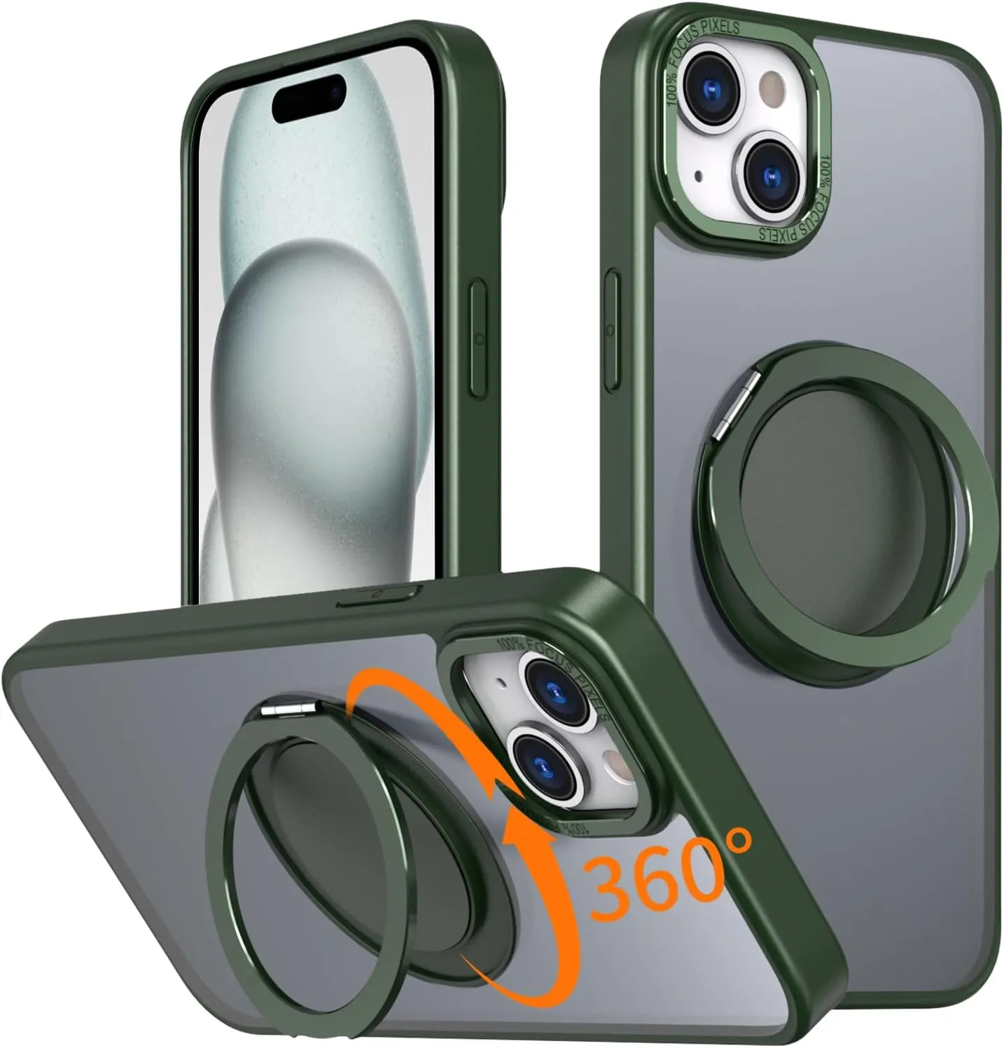 IYH 360 Rotatable Stand for iPhone 15 Phone Case [Compatible with Magsafe], Magnetic Ring Military Grade Shockproof Translucent Back,Matte(Green)