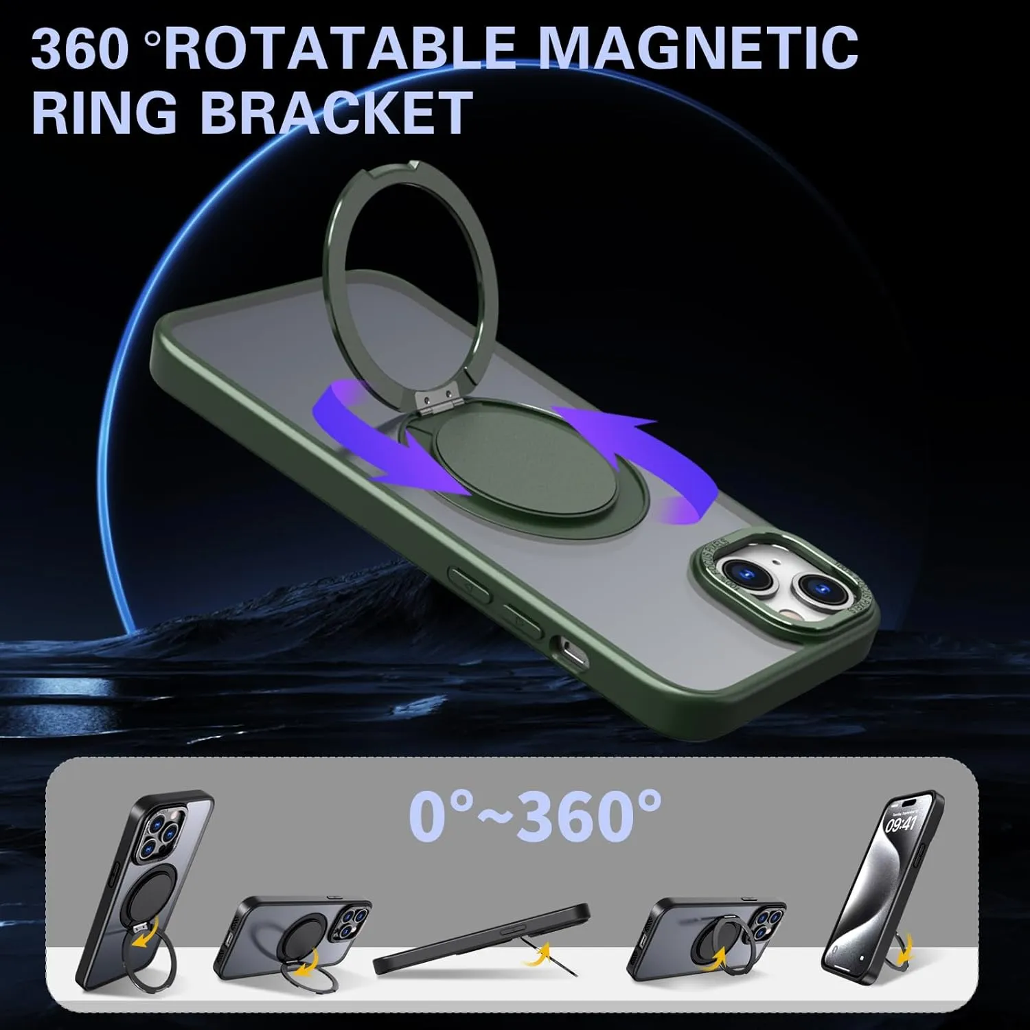 IYH 360 Rotatable Stand for iPhone 15 Phone Case [Compatible with Magsafe], Magnetic Ring Military Grade Shockproof Translucent Back,Matte(Green)