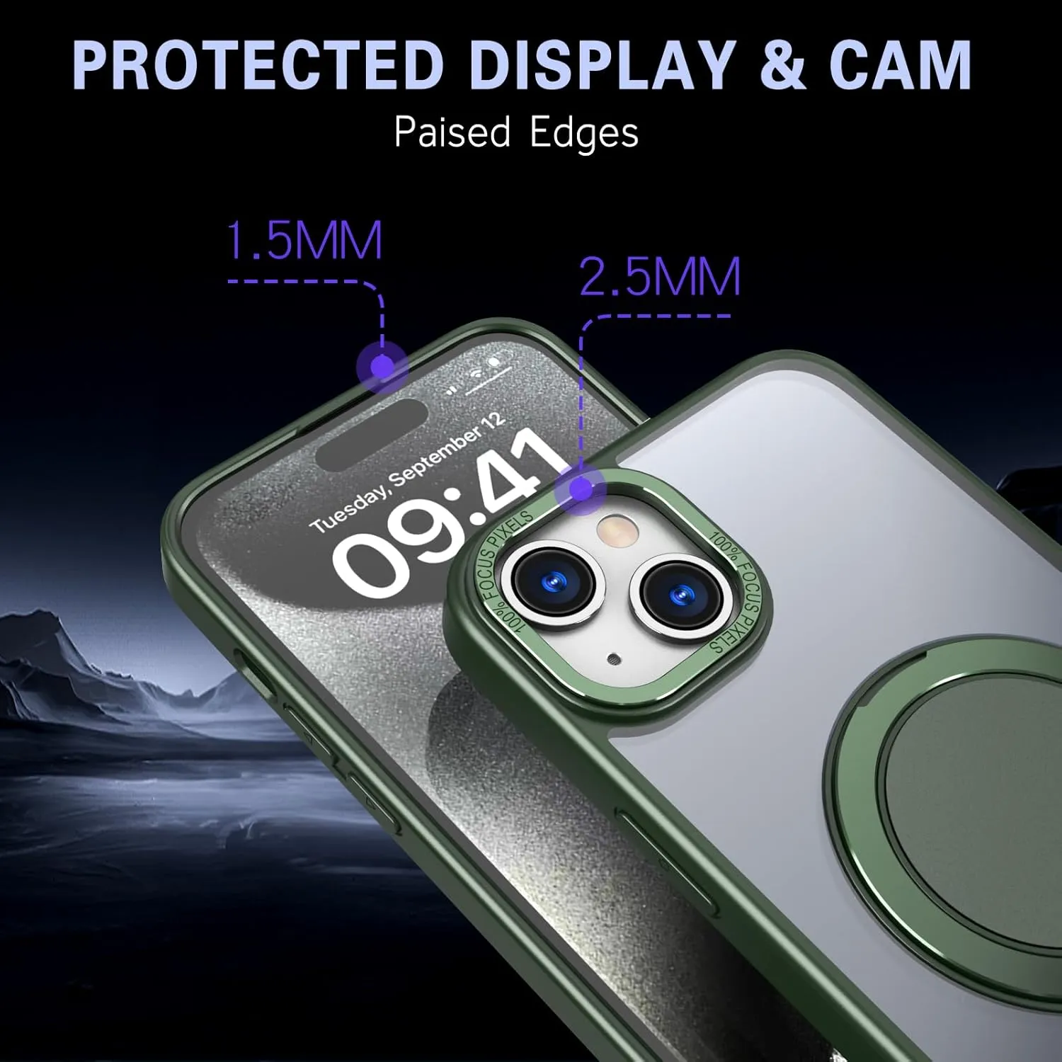 IYH 360 Rotatable Stand for iPhone 15 Phone Case [Compatible with Magsafe], Magnetic Ring Military Grade Shockproof Translucent Back,Matte(Green)