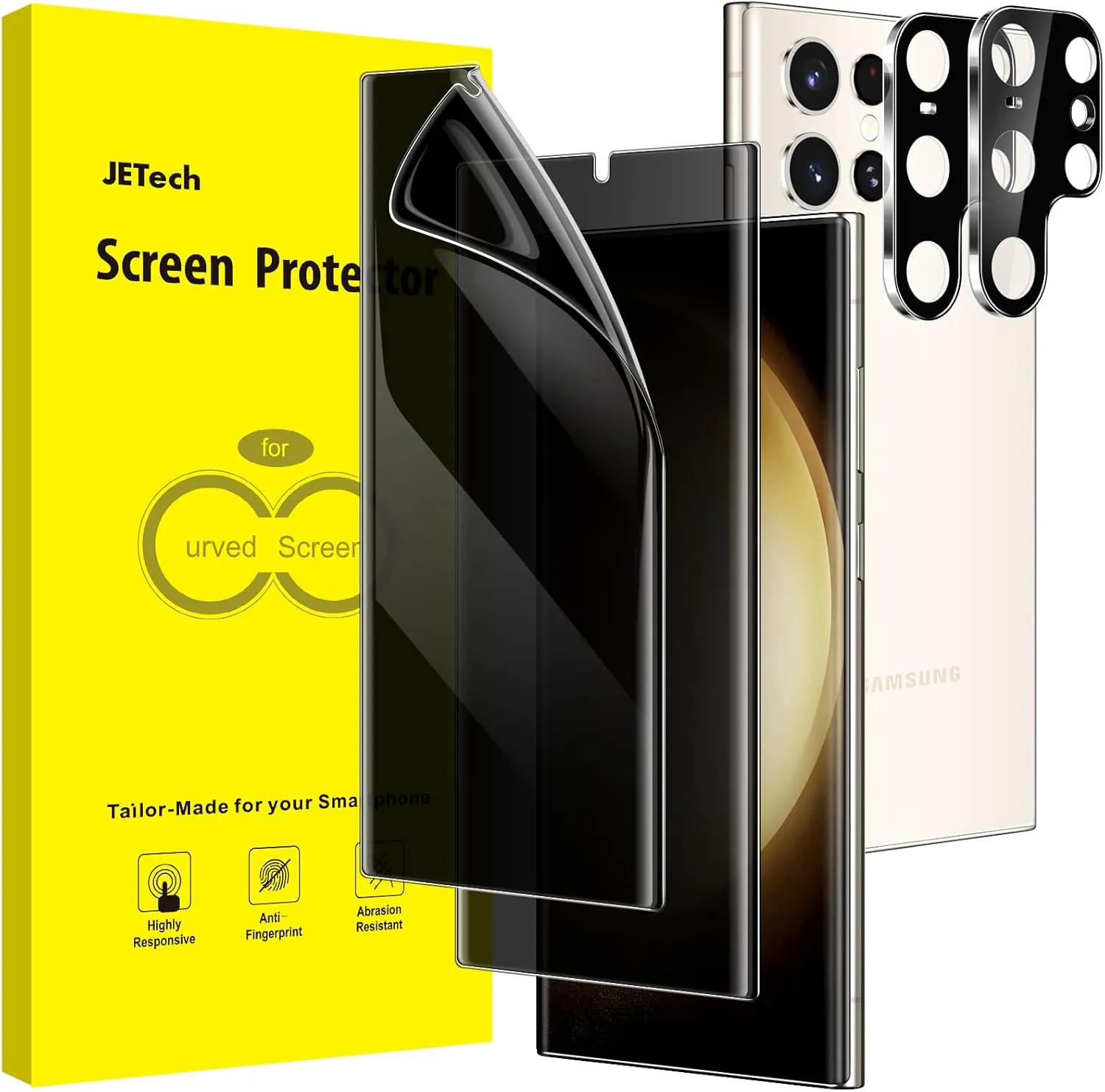 JETech Privacy Screen Protector for Samsung Galaxy S23 Ultra 5G 6.8-Inch with Camera Lens Protector, Anti-Spy Flexible TPU Film, Fingerprint Unlock Compatible, 2-Pack Each