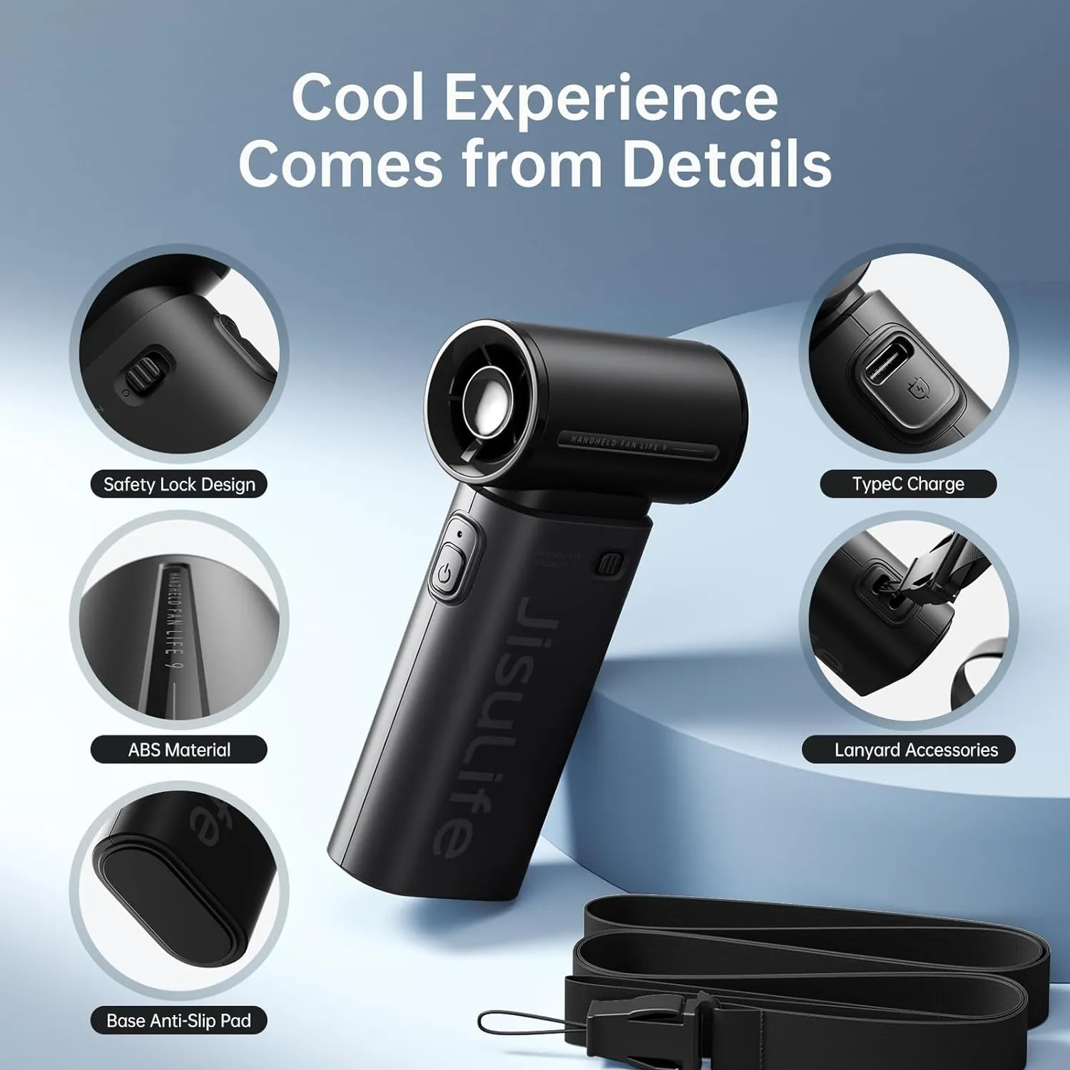 JISULIFE Portable Handheld Fan Life9, Turbo Power High Speed Air [18H Max Cooling Time], 5 Gear Wind, 5000mAh Rechargeable, Mini Pocket Design, Personal Fan for Travel Concerts Cruise Makeup - Black