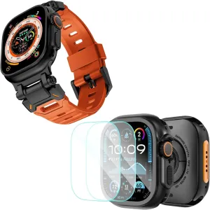 KADES Metal Case with Back Cover & Rugged FKM Sport Band for Apple Watch Ultra 2 49mm, Durable Metal Connector, Black/Orange & Black