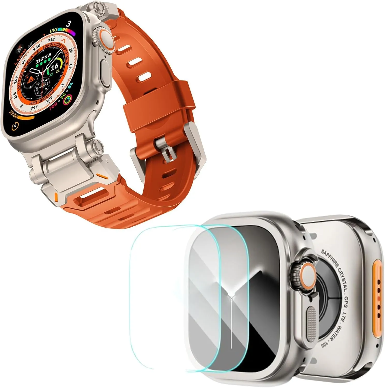 KADES Metal Case with Back Cover & Rugged FKM Sport Band for Apple Watch Ultra 2 49mm, Durable Metal Connector, Titanium/Orange & Titanium