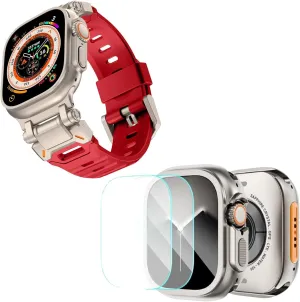 KADES Metal Case with Back Cover & Rugged FKM Sport Band for Apple Watch Ultra 2 49mm, Durable Metal Connector, Titanium/Red & Titanium