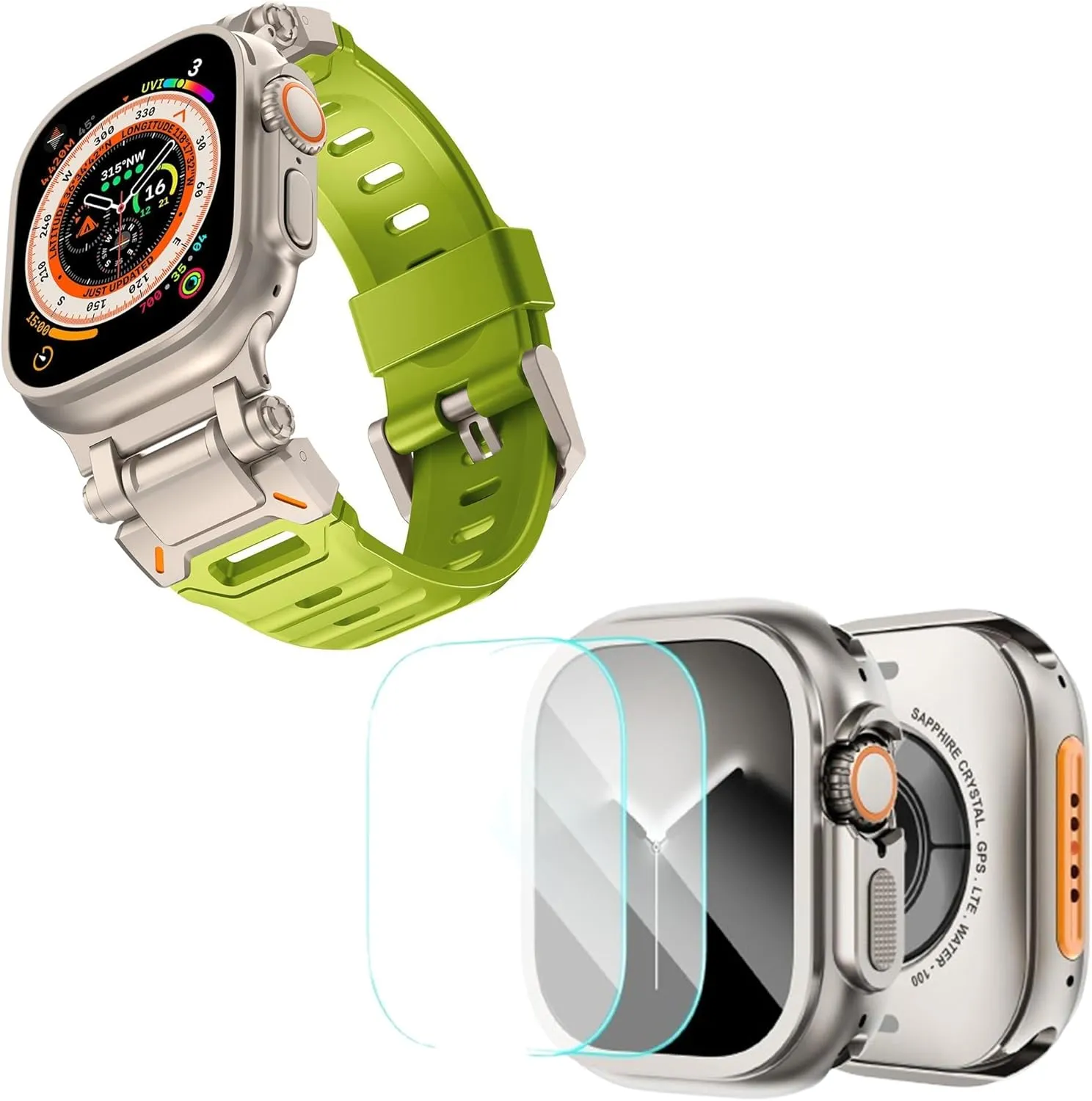 KADES Metal Case with Back Cover & Rugged FKM Sport Band for Apple Watch Ultra 2 49mm, Durable Metal Connector, Titanium/Yellow Green & Titanium